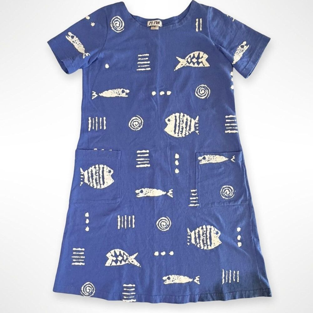 M. Mac Rock Fish Blue Cotton Knit Shift Dress Women's M Costal Nautical 90s